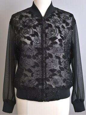 Francesca Y2K Dark Romantic Rose Lace Sheer Sleeve Bomber Jacket Size Large